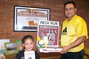 Pizza Plus Sept. 20-24, 2010; Pizza Plus offers prices THAT ARE RIGHT AND DELICIOUS PIZZA. Joe Medina and Granddaughter Priscilla Martinez take a look at The Book of Finger Foods by Hilaire Walden